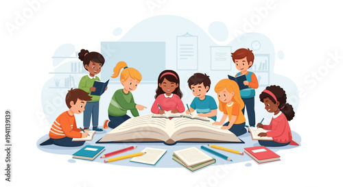 Diverse group of children gathered around a large open book.