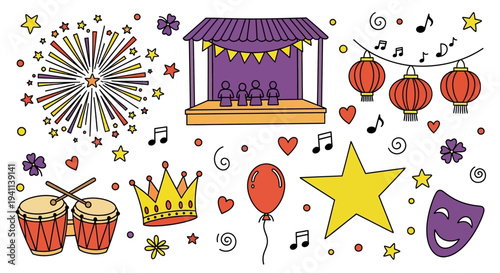 Vibrant festival decorations and symbols float around a colorful stage with a drum set and masks under a starry night sky with fireworks and lanterns