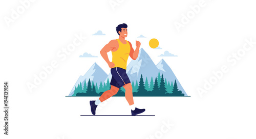 Vector illustration of a fit man jogging through a scenic landscape with mountains and evergreen trees under a bright sun in a flat art style.