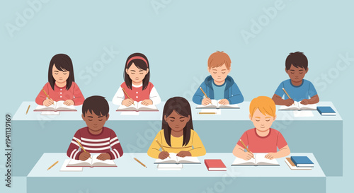 Diverse group of children learning at desks in a classroom setting.