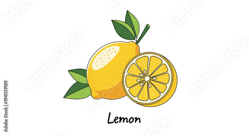 Simple graphic illustration of a whole yellow lemon and a half-sliced lemon with green leaves above the word Lemon in a handwritten font style.