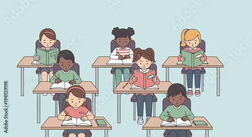 Diverse group of children reading books at desks in a classroom setting.