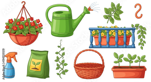 Gardener's tools and plants on a table indoors with basket and sprayer