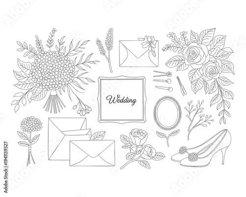 Collection of decorative wedding elements including flowers envelopes shoes and embellishments isolated on transparent background