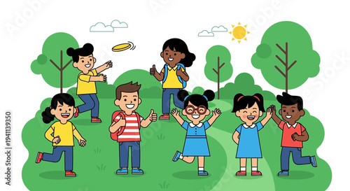 Diverse group of happy children playing together outdoors 2.