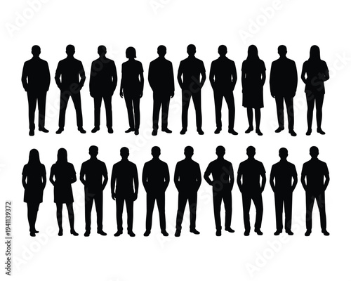 Diverse group of male and female silhouettes standing together in two rows side by side