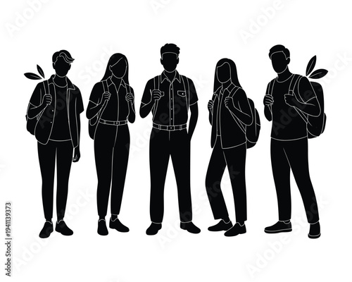 Diverse group of five young people with backpacks walking together illustrating modern lifestyle and friendship