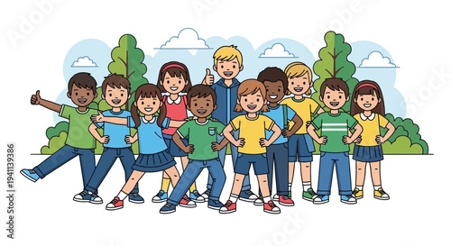 Diverse group of happy children posing together outdoors.