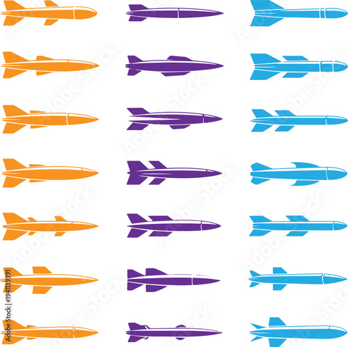 Military Missile and Rocket Icon Set, Ballistic and Cruise Missile Silhouettes, Defense Weapon Vectors