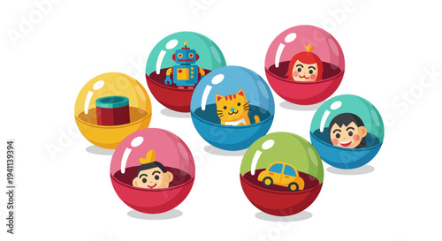 Collection of colorful plastic surprise balls with toys inside: robot, cat, car, people