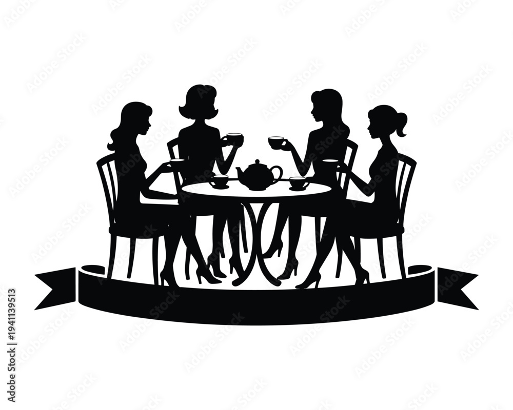 Fototapeta premium Four elegant women in silhouette enjoying a tea party together at a circular table indoors