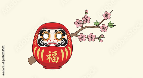 Japanese Daruma doll with cherry blossoms, symbol of good luck and perseverance