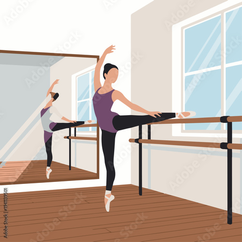 Ballet Dancer Practicing at Barre
Flat vector illustration of a ballet dancer practicing stretches at a ballet barre in a dance studio. Large mirror and wooden floor visible. Flat vector style,