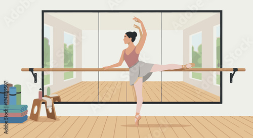 Ballet Dancer Practicing at Barre
Flat vector illustration of a ballet dancer practicing stretches at a ballet barre in a dance studio. Large mirror and wooden floor visible. Flat vector style, 