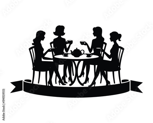 Four elegant women in silhouette enjoying a tea party together at a circular table indoors
