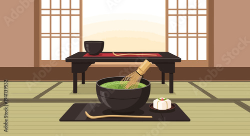 Japanese Matcha Tea Ceremony Preparation with Whisk and Sweets
