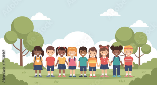 Diverse group of happy children standing together outdoors 18.