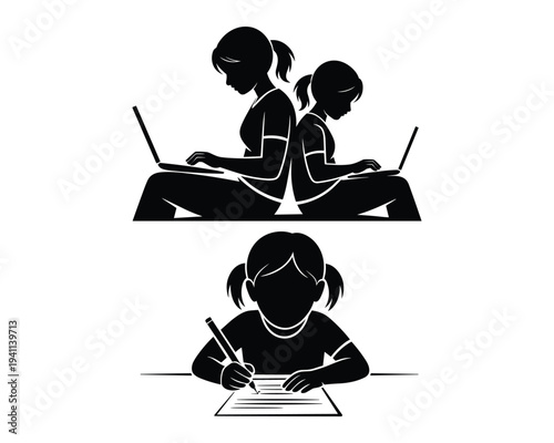 Silhouettes of children engaged in learning activities with laptops and writing on paper