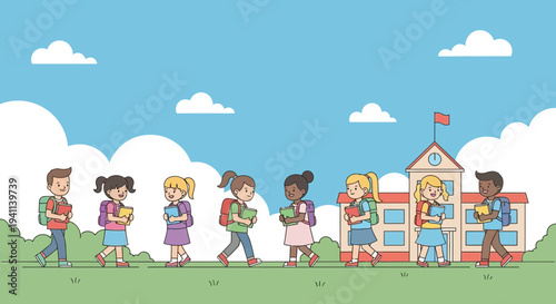 Diverse group of happy children walking to school with backpacks.