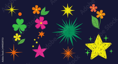 Vibrant illustration of flowers and colorful stars exploding in night sky with bsJKB reference