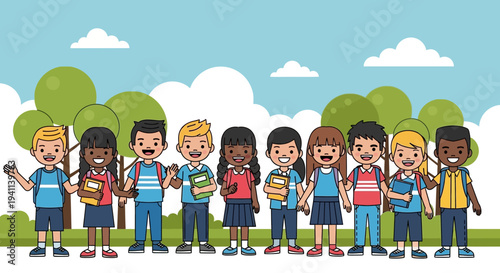 Diverse group of happy school children standing together.