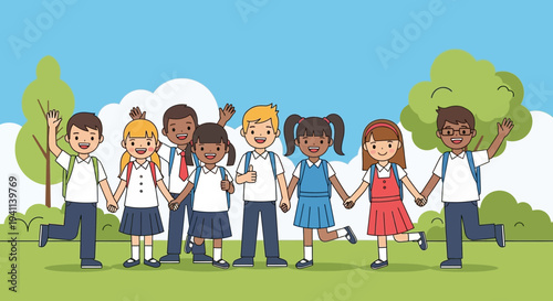 Diverse group of happy school children holding hands outdoors.