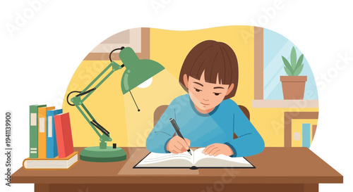 Young student diligently studying at a wooden desk with books and lamp.