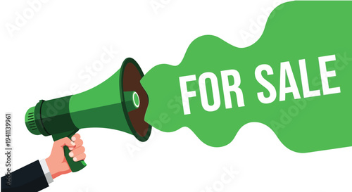 Hand holding a bright green megaphone announcing a clear message about an item available for purchase