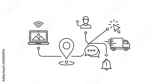 A logistics company tracks a delivery truck with a laptop and communicates with a person through a speech bubble to notify them of arrival at a location.