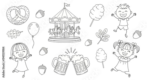 Children play joyful at a festive fairground with snacks and treats around them