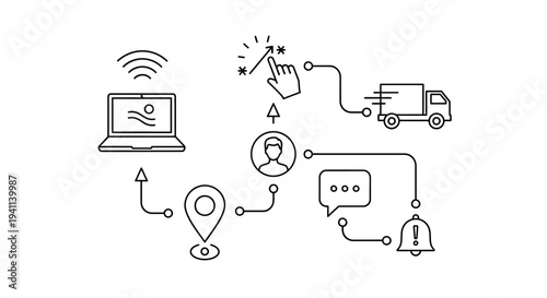 A stylized illustration depicts a delivery process involving a truck, laptop, and various communication icons.