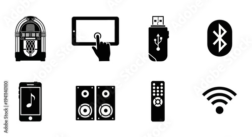 Various electronic devices displaying connectivity and media playback options