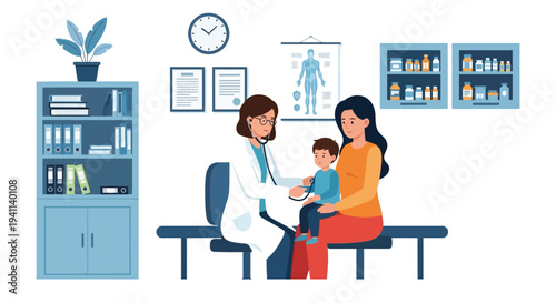 Doctor performing a routine medical check-up on a child with mother present in clinic