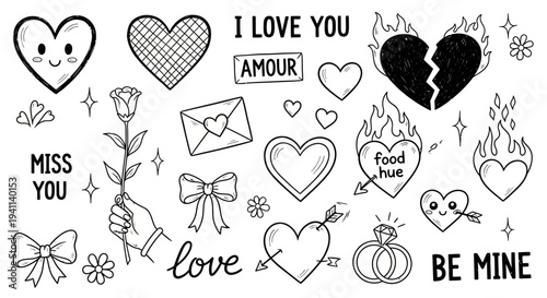 A romantic illustration of various love-themed icons and symbols on a white background including hearts and words.