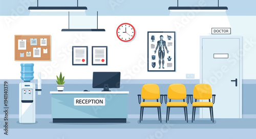 Clean medical clinic reception area showing a water cooler and seating for patients awaiting appointments