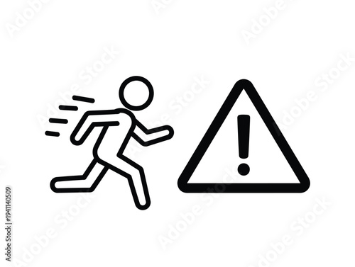 Stick figure runner fleeing from a triangular warning sign with an exclamation mark isolated on transparent background