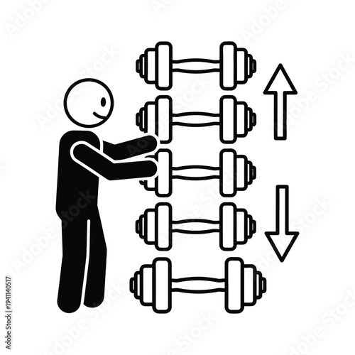 Stick figure person selecting weights from a vertical rack of dumbbells indicating progression