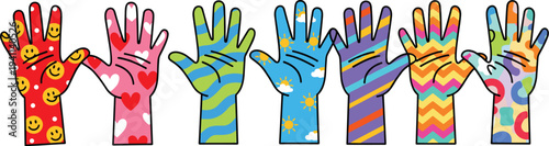 Eight Colorful Illustrated Hands Displaying Unique Patterns and Designs Symbolizing Diversity, Creativity, Individuality, and Inclusion