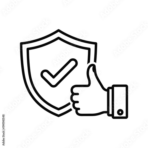 Icon representing security and approval with a shield checkmark and thumbs up isolated on transparent background