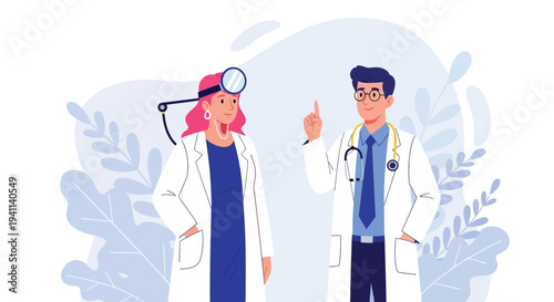 Professional male and female doctors in white lab coats with medical equipment ready to assist patients.