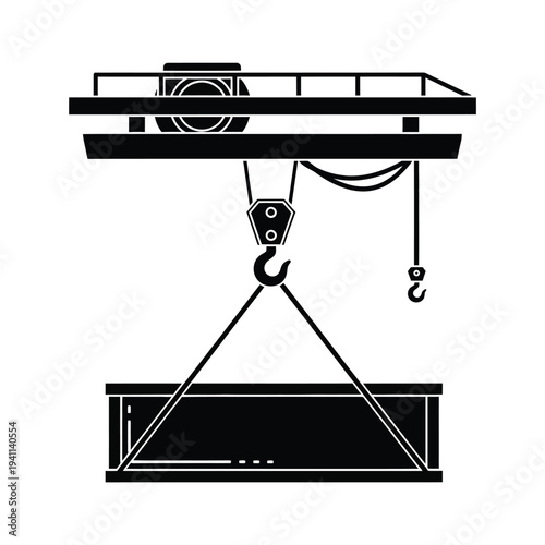 Heavy industrial overhead crane lifting a metal girder with steel cables and hook mechanism