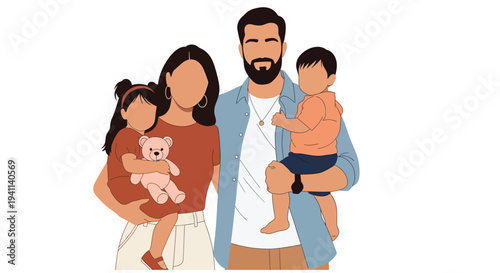 Cheerful modern minimalist illustration of a happy family of four with parents and two young children
