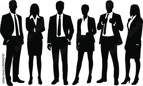 Diverse Group of Business Professional Men and Women Silhouettes Standing Together in Rows Isolated on White Background Vector Illustration for Corporate Teamwork and Community