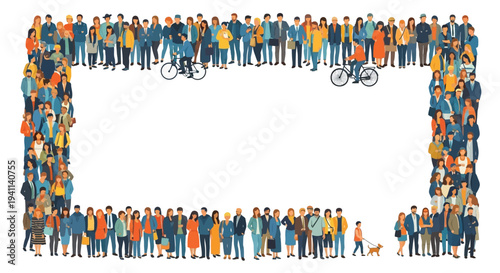 Diverse group of people forming an L-shaped frame border with cyclists and a dog walker