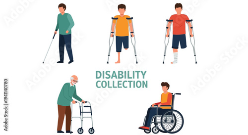 Diverse collection illustrating various forms of physical disabilities and mobility challenges