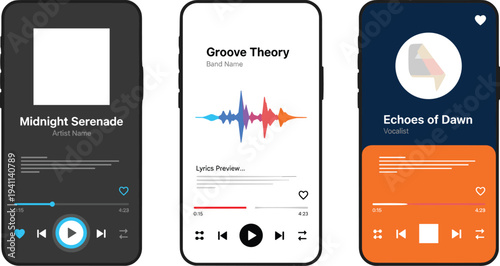 Three Smartphone Music Player Interfaces Displaying Unique Designs, Layouts, Lyrics Preview, Progress Bars, and Playback Controls