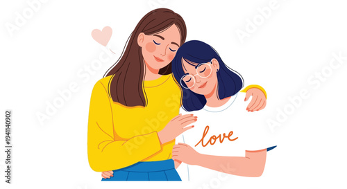 Two young women sharing a tender loving embrace, demonstrating profound friendship and emotional support for each other.