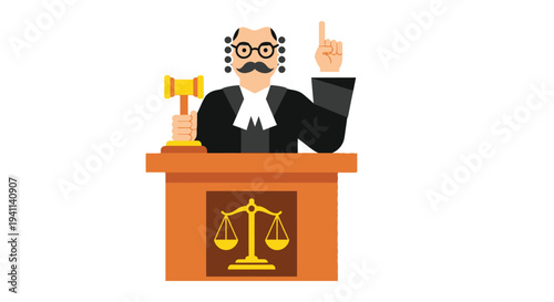 Illustrated judge in a white wig and black robe holding a gavel ready to make a ruling.