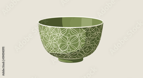 Green Ceramic Bowl with White Geometric Pattern, Japanese Tea Ceremony Style