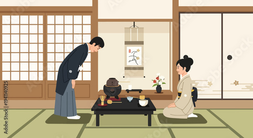 Japanese Couple Performing Traditional Tea Ceremony in Tatami Room